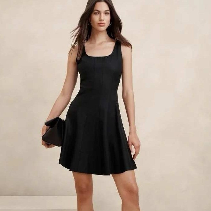 Banana Republic Black Twill Seamed Mini Dress Square Neck Fit & Flare 2 Cocktail